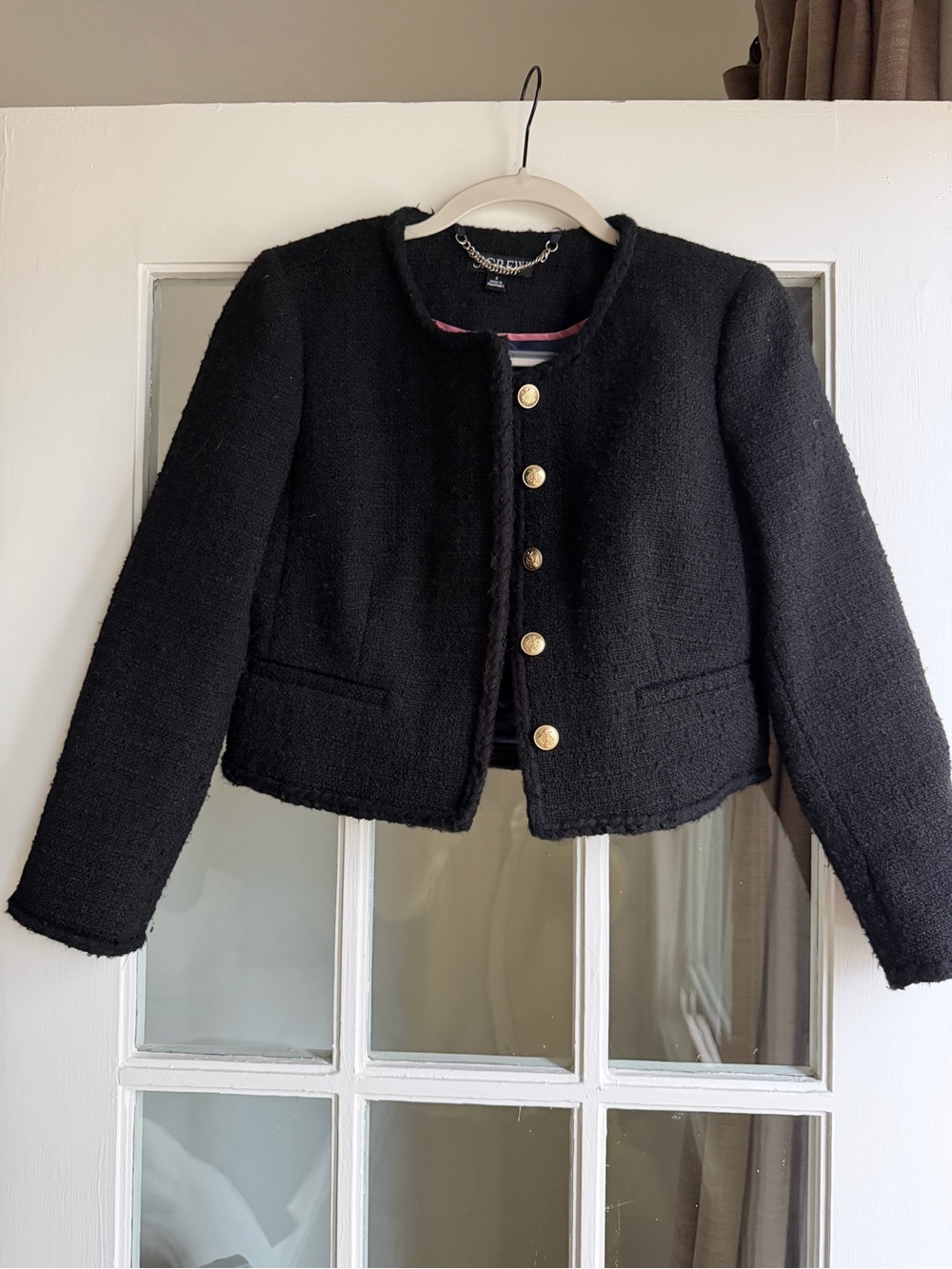 J. Crew Black Bouclé Collarless Blazer with Gold Buttons